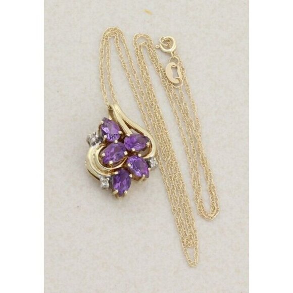 10k Yellow Gold Natural Amethyst & Diamond Necklace 18" Chain - Picture 3 of 7